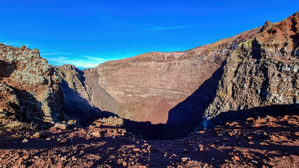 Panoramic view on the edge of the active volcano crater of Mount Vesuvius, Province of Naples,...
