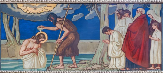 Gordijnen ZURICH, SWITZERLAND - JULY 1, 2022: The fresco of Baptism of Jesus in the church Pfarrkirche Liebfrauen by Fritz Kunz (1906). © Renáta Sedmáková