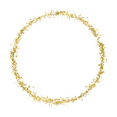 Golden circle with glitch effect. Round shape, gold pixel noise texture, distortion. Isolated png illustration, transparent background, for overlay, montage, texture, greeting and invitation card. 