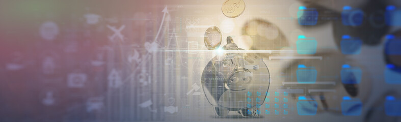 3d Coins flowing with silver  piggy bank and stock market graph with candlestick chart suitable for finance investment and insurance concept