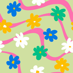 Obraz premium Cute hippie and groovy seamless pattern with daisy flowers and wavy lines. Fashionable background in 00s, 90s, y2k style. 