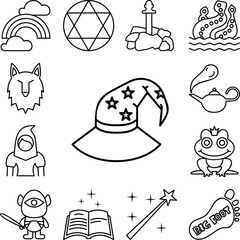 Witch hat, fairy tale icon in a collection with other items