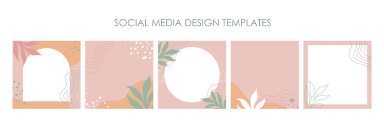 Fototapeta na wymiar Square banner templates set for social media posts, mobile apps, banners and flyers design, internet ads. Trendy abstract square templates with floral decoration in pastel colors.