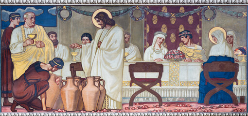 ZURICH, SWITZERLAND - JULY 1, 2022: The fresco of Mirracle at Cana in the church Pfarrkirche...
