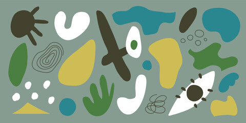 Set of abstract vector shapes, lines. Art design elements. Geometric collage of blob, scribble, circle, eye, flower, spot. Contemporary illustration. Creative modern pattern. Trendy graphic collection