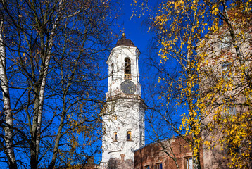 Fototapeta na wymiar Clock tower in Vyborg, former bell tower of the Old Cathedral