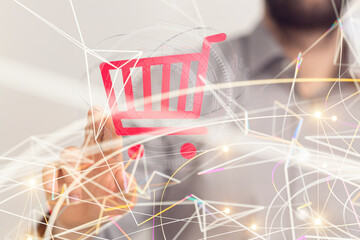 Shopping cart on digital tablet. Shopping online concept..