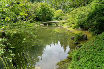 Fototapeta na wymiar A bridge and reflection pond in the Nitobe Memorial Botanical Garden, Vancouver, BC, British Columbia, Canada