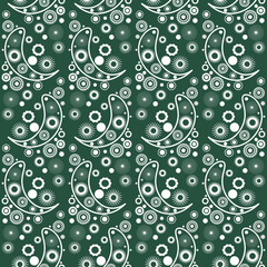 Green-white Seamless pattern in rustic style with flowers and paisley. Design for printing on fabric. Vector illustration