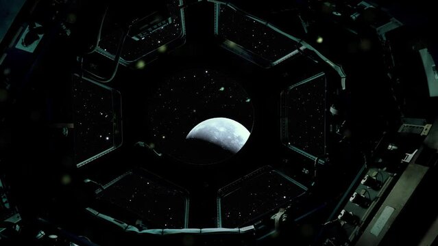 The Moon and Stars Seen from a Spaceship Orbiting Planet Earth. Elements of this Video furnished by NASA. 4K Resolution.