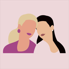 Vector flat minimalistic illustration of a lesbian, a girl hugging, sisters, girlfriends.