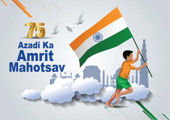 Fototapeta happy Independence day India Azadi ka Amrit Mahotsav poster, a boy running with Indian flag. vector illustration design obraz