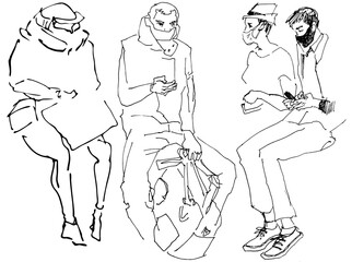 Human silhouette hand drawn one line flat illustration. Set Guy with backpack travels in public transport people wearing mask. line art sketch phone in hands concept smartphone as a part of life