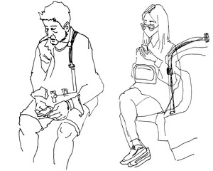 Human silhouette hand drawn one line flat illustration. Set Guy with backpack travels in public transport people wearing mask. line art sketch phone in hands concept smartphone as a part of life