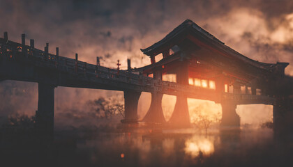 Fantasy Japanese landscape with sunset. Ghost, geisha silhouette, foggy old bridge, water reflection, cherry blossom, samurai. Beautiful Japanese fantasy background. 3D illustration. - obrazy, fototapety, plakaty