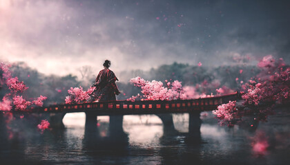Fantasy Japanese landscape with sunset. Ghost, geisha silhouette, foggy old bridge, water reflection, cherry blossom, samurai. Beautiful Japanese fantasy background. 3D illustration.