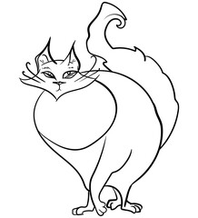 Linear sketch drawing animal funny fat cat logo. Goods for pets monochrome flat illustration podgy fluffy pet one line drawing. Cats, black lines. Cat Simple Contour Drawing for Logo Design. 