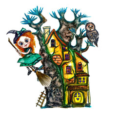 Watercolor cute halloween illustration of witch flying on a broomstick, tree with fairy house and owl, isolated on white background. Halloween night with bats and moon. Children Cartoon happy