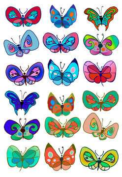 Hand Drawn Set Flying Butterflies Contour Flat Illustration Insects Different Design Logo Drawing For Children Books, Games, Coloring. Cartoon Character Decorative Element Baby Goods