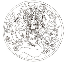 Portrait of Indian Hindi goddess Kali. Female head with open moth and out stuck tongue. Destroyer of evil forces. Occultism and witchcraft isolated illustration. Kali Pooja   India festival - obrazy, fototapety, plakaty