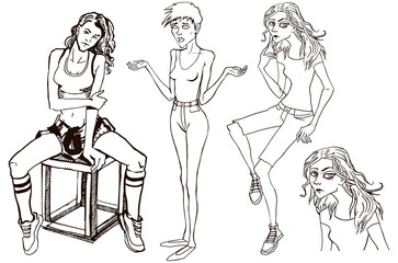 Seated girl Freehand line drawing. Person makes notes in notebook, draws, writes. Full length beautiful woman viev from back. Clip art for design flat illustration monochrome graphics black on white