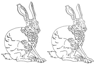 Obraz premium Freehand line drawing bunny Easter card with rabbit. One line illustration of hare pet animal. Clipart for design monochrome graphics. Character for children's book about zoo and wildlife