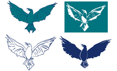 Obraz premium Icon stylized raven line art doodle. Crow sketch illustration design element clip art print Hand drawn animal graphic isolated white background ink pen graphic folded wings symbol cartoon blue