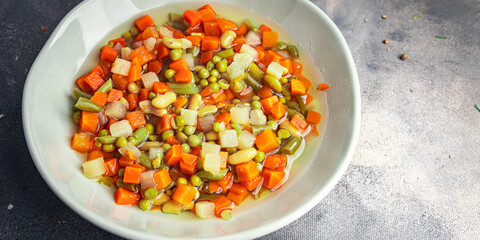 mix vegetables cut cubes beans, peas, green beans, carrots, celery Macedonian vegetables bunch of juicy vegetables fresh dish healthy meal food snack diet on the table copy space food background 