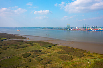 Drone flying above the Westerschelde in Belgium