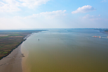 Drone flying above the Westerschelde in Belgium