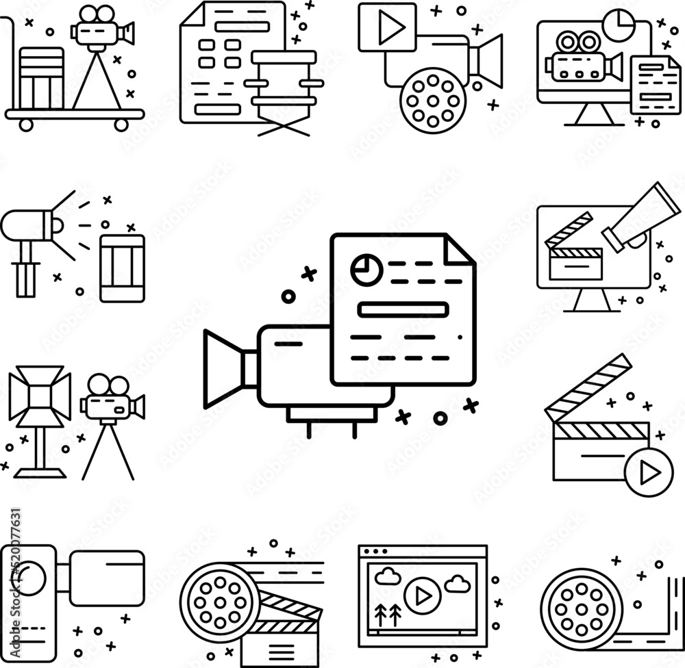 Poster shooting script, document, camera icon in a collection with other items
