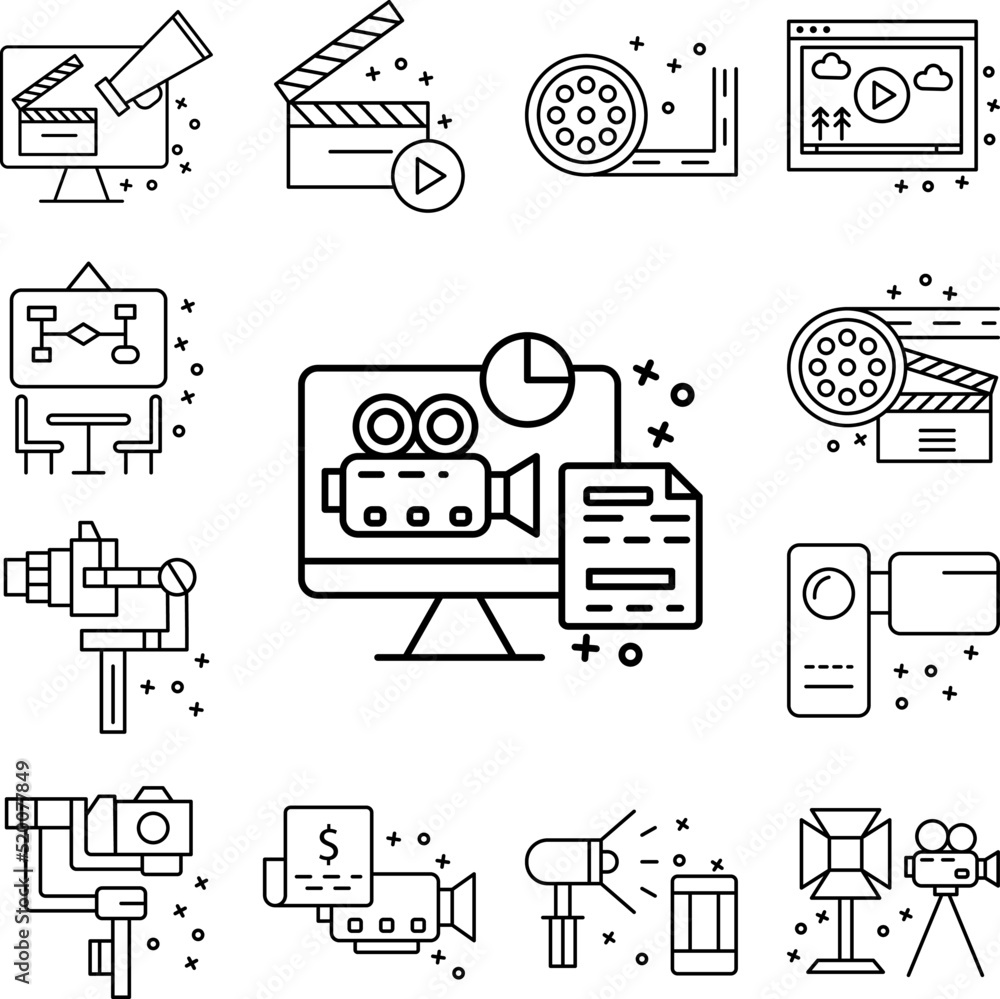 Poster computer, camera, document icon in a collection with other items