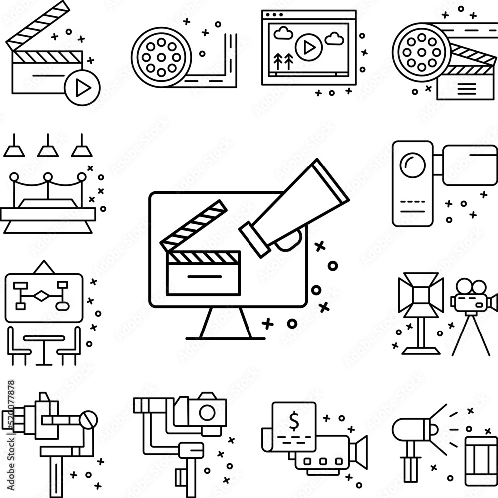 Poster megaphone, computer, camera icon in a collection with other items