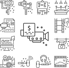 Document, camera, dollar icon in a collection with other items