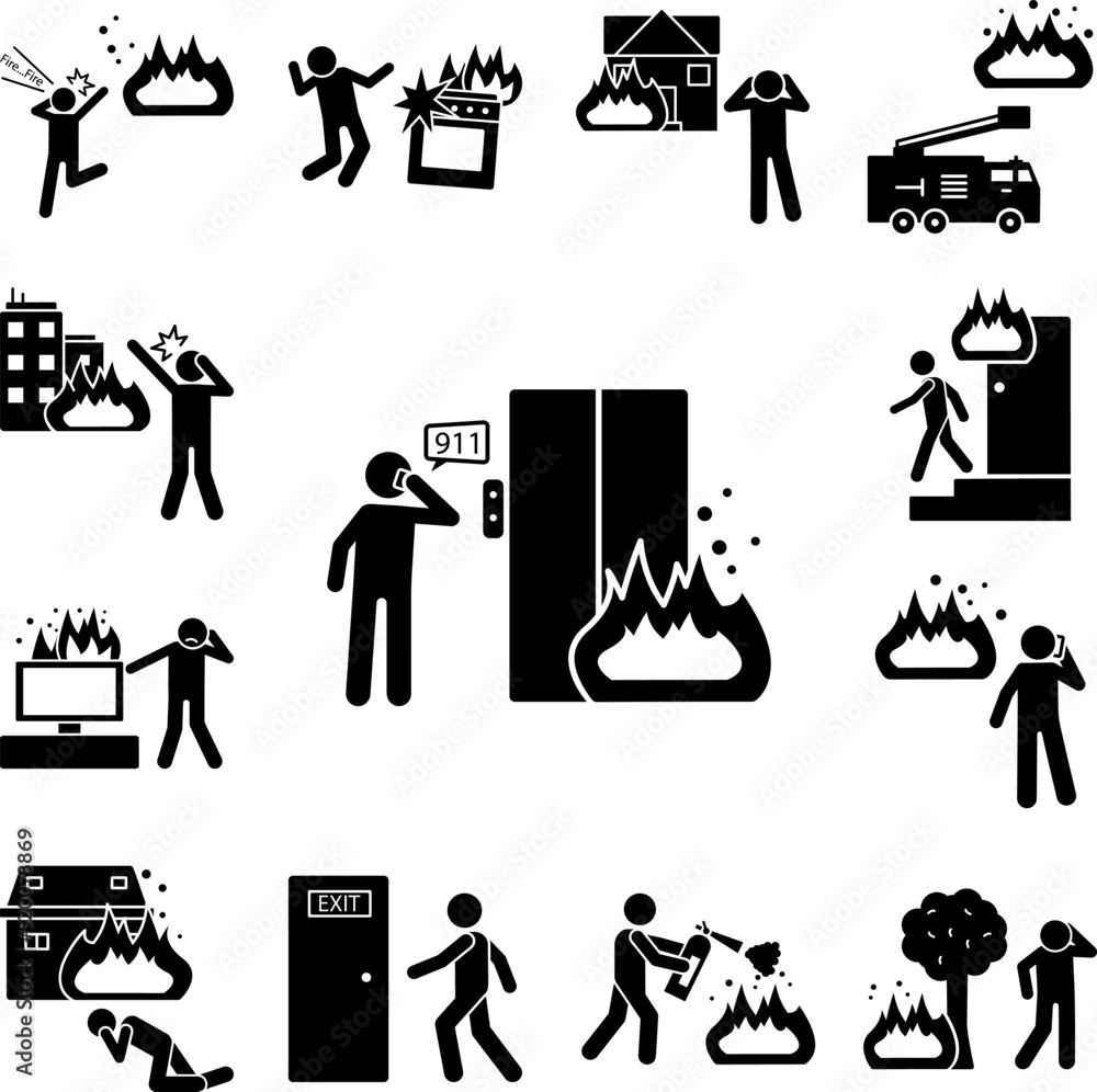 Poster man call about fire in elevator icon in a collection with other items