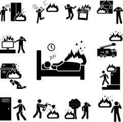 Fire during man sleeping fire icon in a collection with other items