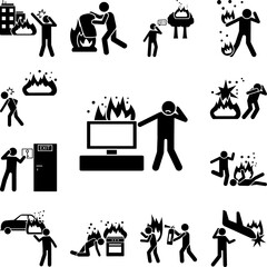 Tv in fire and man cry icon in a collection with other items