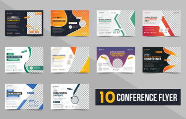 Corporate horizontal Business Conference event flyer bundle and invitation flyer template design. Annual corporate business workshop, meeting, training, online webinar banner template set.