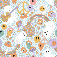 Retro 70s 60s Hippie Halloween Ghost Disco Party Daisy Smilie zombie Flower Rainbow vector seamless pattern. Groovy Spook discotheque background. Disco ball vampy lips mushrooms rave surface design. - 520080055