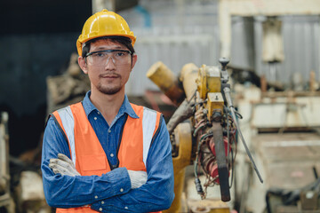 portrait Asian smart engineer male worker standing armcrossed in heavy metal factory happy smile