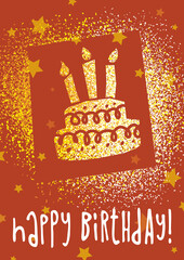 happy birthday greeting card with sprayed image of cake 