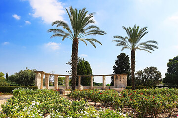 Fototapeta na wymiar Rose garden, palms and sun clock, Park Ramat Hanadiv, Israel. The park is a family vault of Baron Edmond de Rothschild (1845-1934) and Baroness Adelaide de Rothschild (1853-1935)