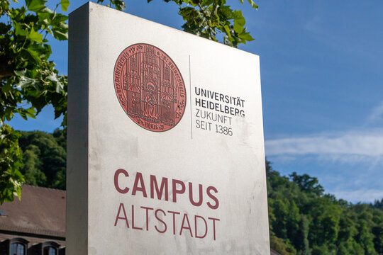 Heidelberg, Germany: June, 2. 2022: Information signboard on the various buildings of Heidelberg University in the historic Old Town