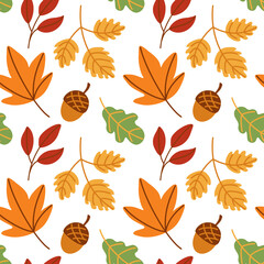 Obraz premium Different autumn leaves on red, orange and yellow colors. Seamless pattern . 