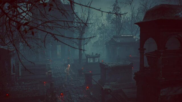 Skeleton Dances among the Tombstones Cinematic 3D Animation Halloween 4K