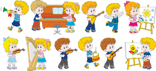 Obraz premium Vector cartoon set of little children playing musical instruments and drawing funny pictures