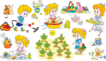 Vector cartoon set of little kids with household chores