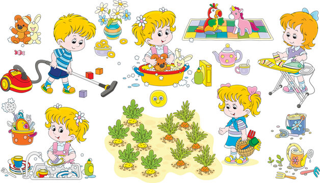 Vector cartoon set of little kids with household chores
