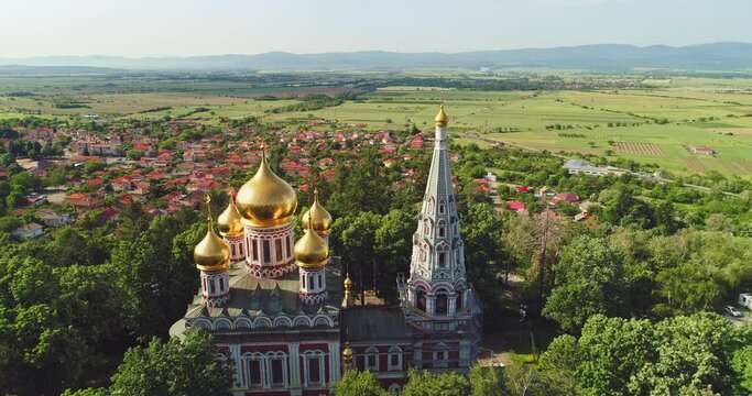 Shipka Memorial Russian Church, town of Shipka, Bulgaria, 4K aerial video
