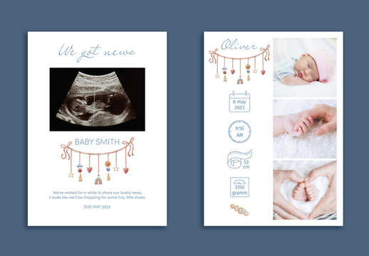 Pregnancy Announcement and Baby Introducing Cards Set with Watercolor Illustrations and Photo Placeholder
